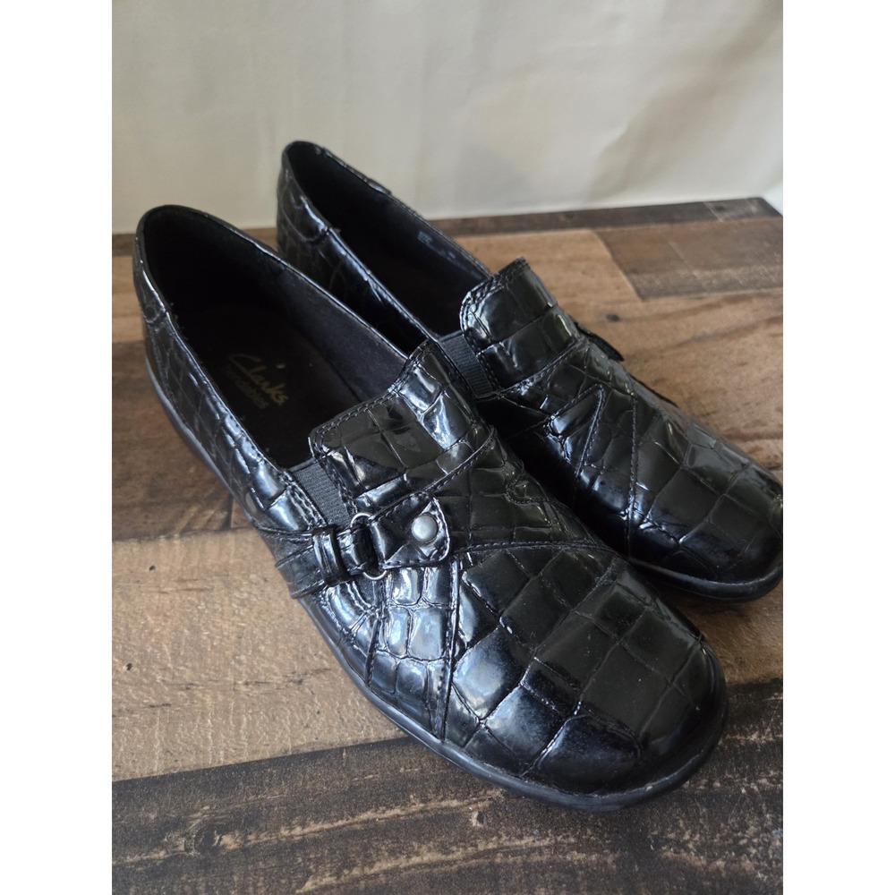 Clarks Bendables Black Croc Print Patent Slip On Shoe Womens Sz 9M